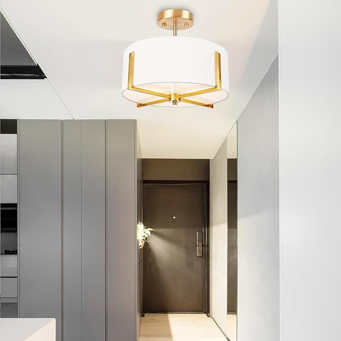 3-Light Semi Flush Mount Ceiling Light Fixture, 13.7" Gold Drum Light with White Fabric Shade, Modern Close to Ceiling Lamp for Living Room Bedroom Dining Room Kitchen Hallway Entry Foyer