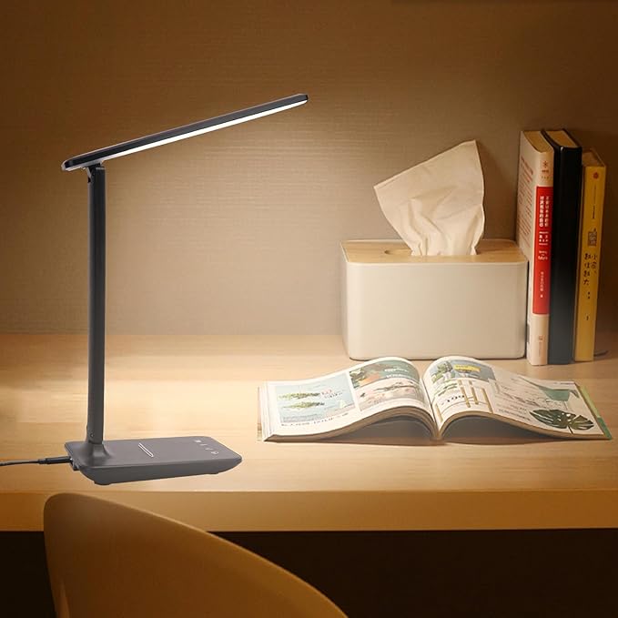 Led Desk Lamp Dimmable Table Lamp with USB Charging Port, 5 Lighting Modes, Sensitive Control, Foldable Portable Dorm Desk Lamps for Home Office Bedroom Reading Study Work (Black)