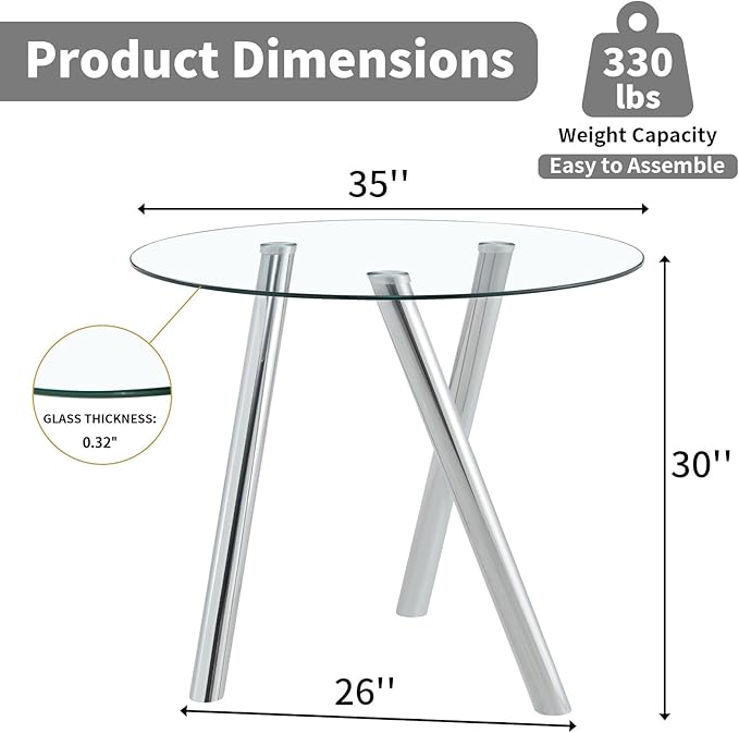 35" Round Dining Table for 4, Modern Round Glass Dining Table with Metal Legs, Round Kitchen Table for Dining Room Home Office Small Spaces