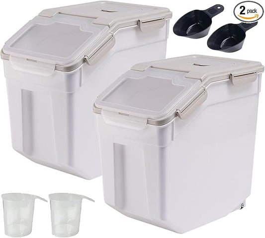 50 lbs Flour Storage Container, 2 Pack Rice Storage Container with Measuring Cup & Scoop, Pet Food Storage Container Dog Cat Food Bin, Grey