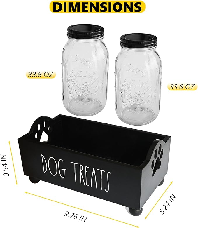 Dog Treat Container, Pet Treat Holder with Glass Jars, Farmhouse Dog Food Storage Organizer, Airtight Dog Treat Bin, Cat Dog Biscuit Dispenser, Pet Accessories (Black - 2 Glass Jars)