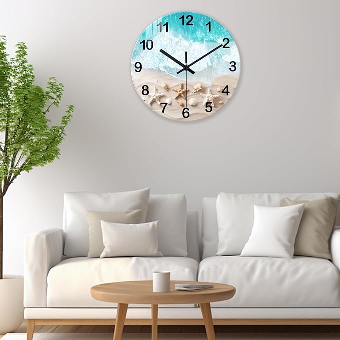 XNM 20 Inch Glass Large Wall Clocks for Living Room Decor Battery Powered Blue Beach Clock Analog Non Ticking Wall Clock Silent