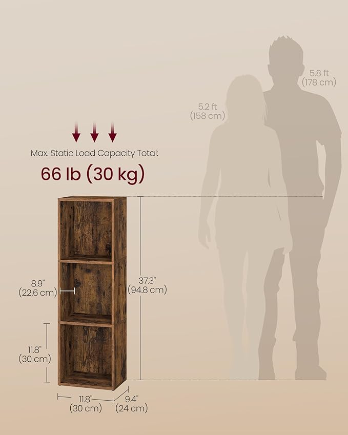 VASAGLE Custos Collection - Bookshelf, 3-Tier Bookcase, Book Shelf, Open Storage Shelf, 9.4 x 11.8 x 37.3 Inches, for Living Room, Home Office, Dining Room, Rustic Brown ULBC433K01