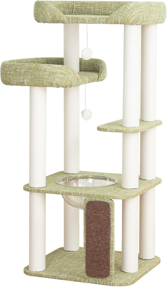 53'' Wooden Cat Tree Tower for Indoor Cats, Modern Natural Wood Cat Furniture with Cozy Beds, Scratching Post and Clear Hammock for Kittens and Adult Cats (Green 53'')