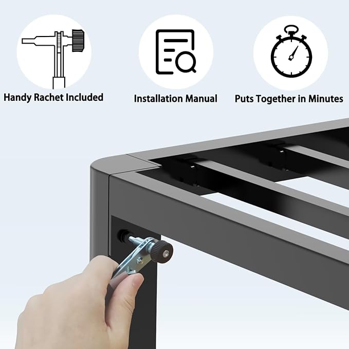 FUIOBYVV 16 Inch Twin Bed Frame with Rounded Corner and Headboard Hole Mattress Retainers 3500 LBS Metal Heavy Duty Steel Slats Support No Box Spring Needed Platform Noise Free Easy Assembly
