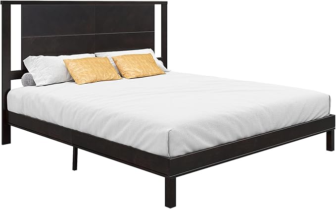 AMERLIFE Solid Wood King Size Bed Frame with Headboard, Mid Century Modern Style Platform Bed with Under-Bed Storage, No Box Spring Needed, Noise Free, Easy Assembly, Dark Brown