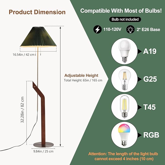 Floor Lamps for Living Room,Mid Century Modern Wood Large Floor Lamp,Height Adjustable Study Room,Bedroom,Office Tall Standing Floor Lamp,Green Pleated Lampshade