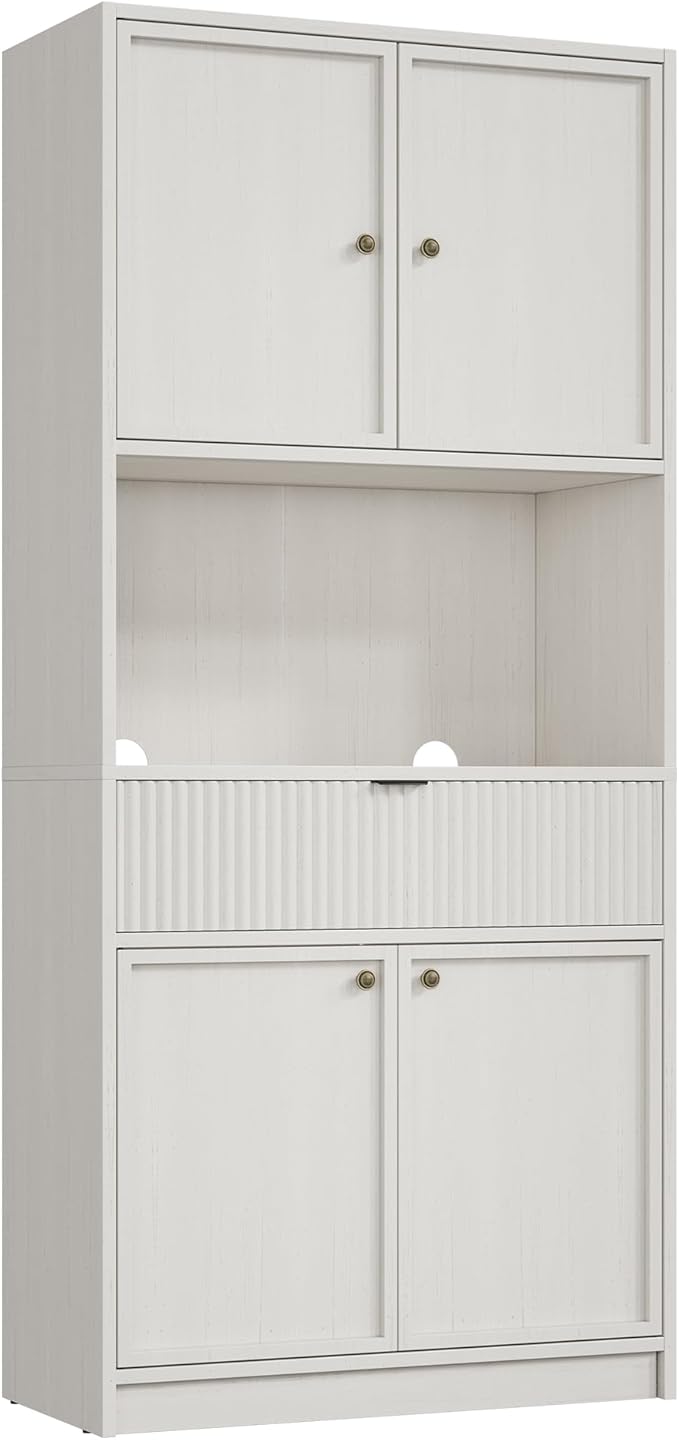 IDEALHOUSE Tall Storage Cabinet, 70" Kitchen Pantry Cabinet with Doors, Fluted Kitchen Hutch Cupboard with Microwave Shelf & Drawer, Freestanding Cupboard for Dining Room, Living Room, Antique White