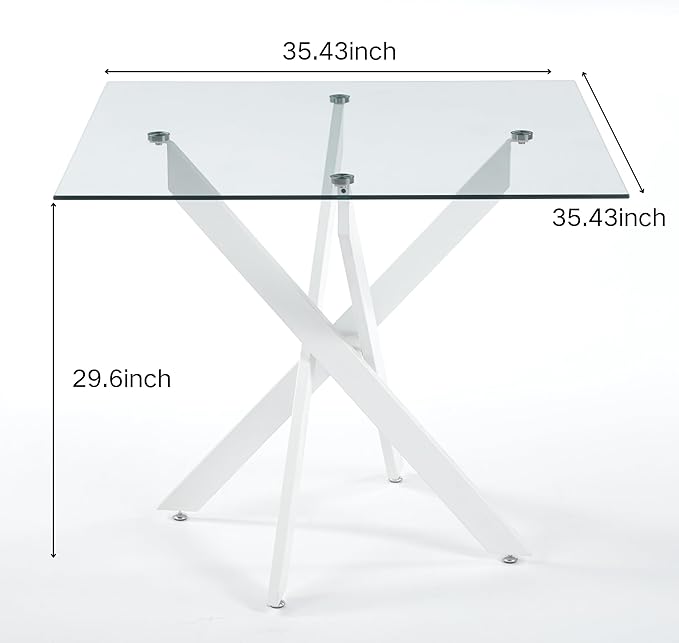 36" Square Dining Table for 4, Modern Glass Kitchen Table for 4 with White X Metal Legs, Contemporary Small Glass Dining Room Leisure Tables for Kitchen Apartment