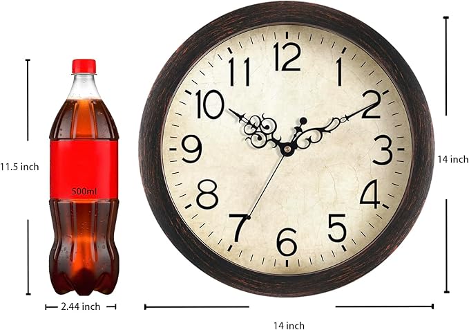 Wall Clock 14 Inch Vintage Wall Clocks Battery Operated Quartz Silent Non-Ticking Large Retro Rustic Style Decorative for Living Room, Home Office, Bedroom, Dining Room (Bronze)