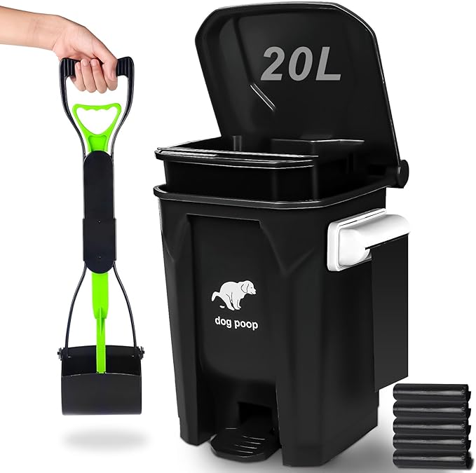 Dog Poop Trash Can Outside with Foldable Pooper Scooper, 20L/5Gallon Dog Waste Trash Can with Lid and 100 Bags, Pedal and Removable Inner Waste Bin, Black