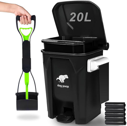 Dog Poop Trash Can Outside with Foldable Pooper Scooper, 20L/5Gallon Dog Waste Trash Can with Lid and 100 Bags, Pedal and Removable Inner Waste Bin, Black