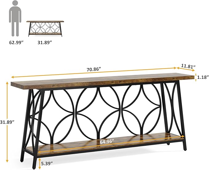 70.9-Inch Sofa Table, 2-Tier Narrow Console Table with Storage for Living Room, Entryway, Hallway, Foryer, Geometric Pattern Design (Rustic Brown)