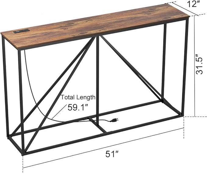 Console Table, 51" W × 12" D × 31.5" H Sofa Table Behind Couch, Entryway Table with Electrical Outlet & USB Ports, Industrial Pyramid Metal Base Console Table for Entryway, Rustic Brown