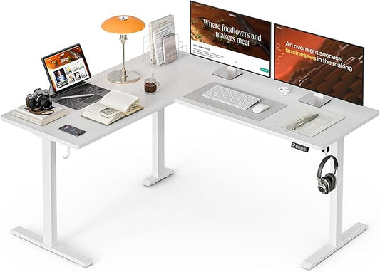 Grandder L Shaped Standing Desk Adjustable Height, Electric Standing Corner Desk, 160 x 140 cm Sit Stand Computer Table with Splice Board, White