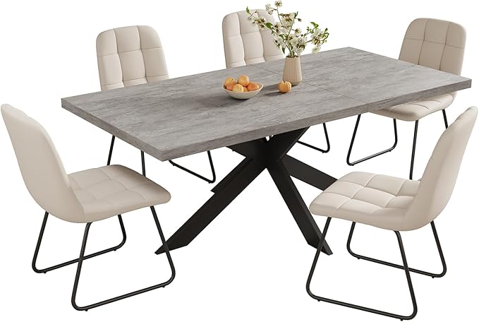 ZckyCine 6-8 Person Modern Rectangular Dining Table Set with 6 Chairs, Expandable Kitchen Table (51 to 63 Inches), Space-Saving Design, Metal Frame, Gray Tabletop & White PU Leather Chairs