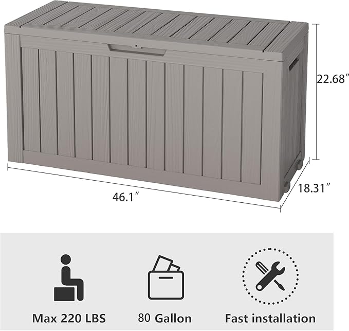 Outdoor Storage Box, Resin Deck Boxes Indoor and outdoor, Waterproof Storage Box Lockable Lid (Grey, 80 Gallon)