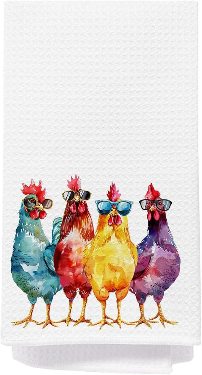 Funny Chicken Kitchen Towels, Chicken Lovers Lady Mom Gifts Dish Tea Towels, Cool Colorful Chicks in Sunglasses Decorative Hand Towel for Bathroom Kitchen, 16x24 Inch