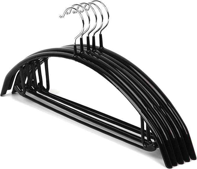 Non-Slip Rubber Coated Metal Hangers No Shoulder Bump, Set of 5/10 Heavy Duty Contour Sweater Hangers for Shirts Coats Dresses or Suits, Rust-Free Closet Clothes Organizer, 16.5”, Black