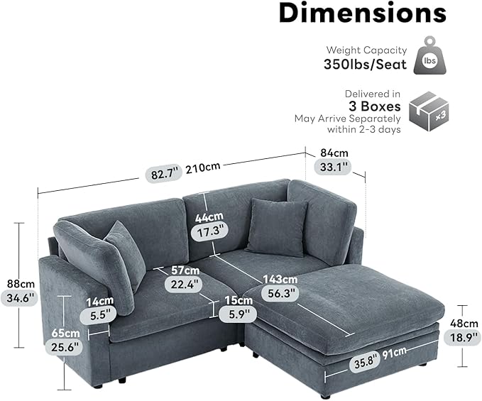 Tbfit Modern Sectional Sofa with Storage, Comfy Cloud Modular Couch with Down-Filled Cushions, Sofa for Home, Living Room, Grey