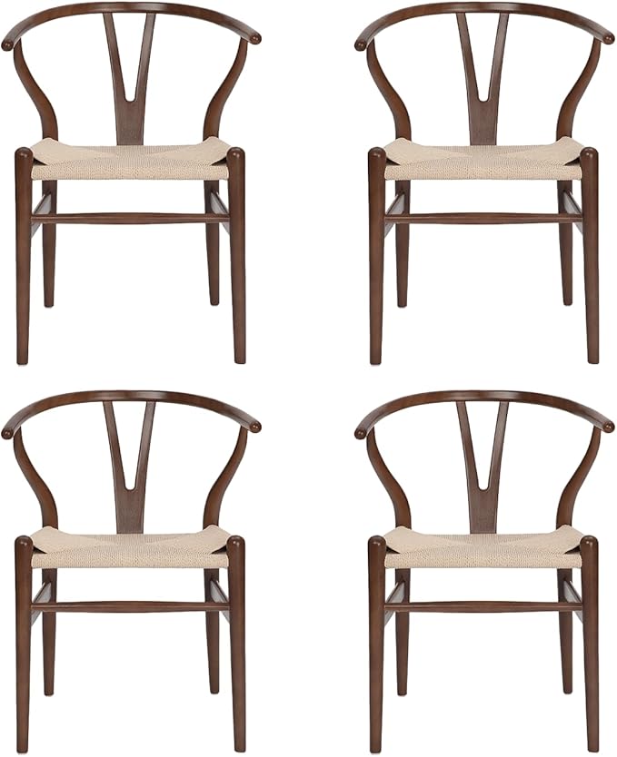 Tomile Wishbone Chair Y Chair, Wooden Dining Chairs Set of 4, Mid Century Modern Chairs with Arms, Solid Wood Weave Seat Kitchen & Dining Room Chairs (Ash Wood - Walnut Color)