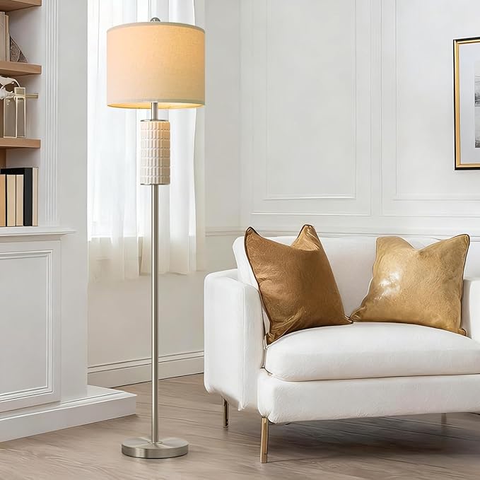 PoKat Silver Ceramic Floor Lamp for Living Room Bedroom, 64" Modern Tall Standing Lamp with Rotary Switch, Traditional Living Room Lamp for Corner, Home Office, Nursery