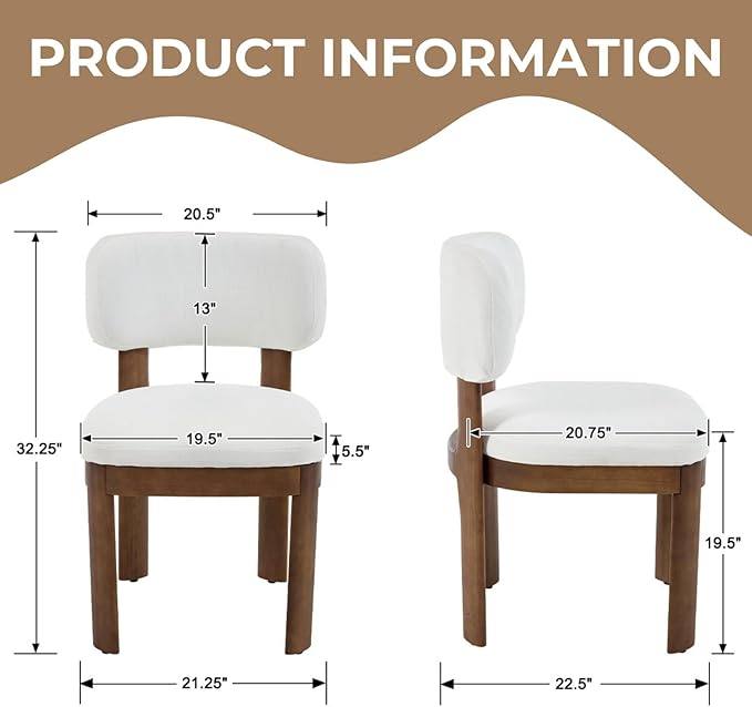 Beige Dining Chairs Set of 4 Mid Century Modern Upholstered Dining Room Chairs with Curved Backrest and Wooden Legs for Kitchen Island, Dining Room