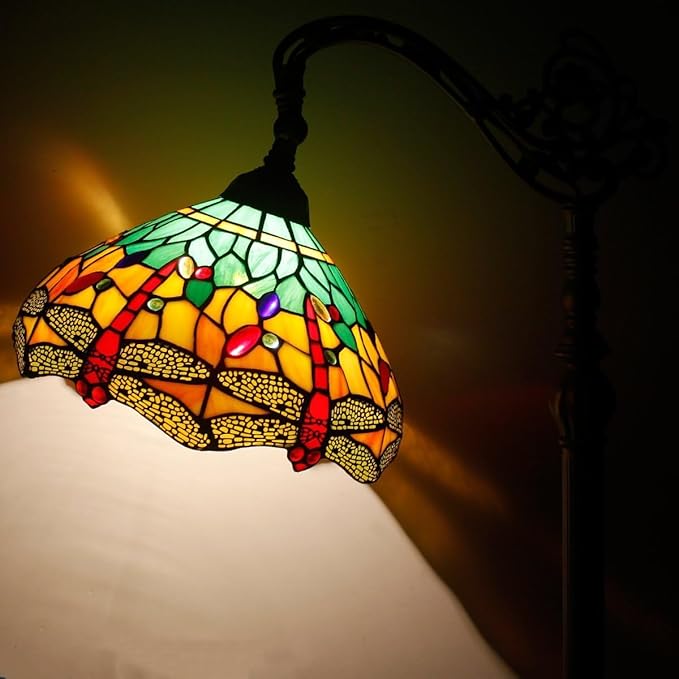 WERFACTORY Tiffany Floor Lamp Green Yellow Stained Glass Dragonfly Arch Lamp 12X18X64 Inch Gooseneck Adjustable Corner Standing Reading Light Decor Bedroom Living Room S009G Series