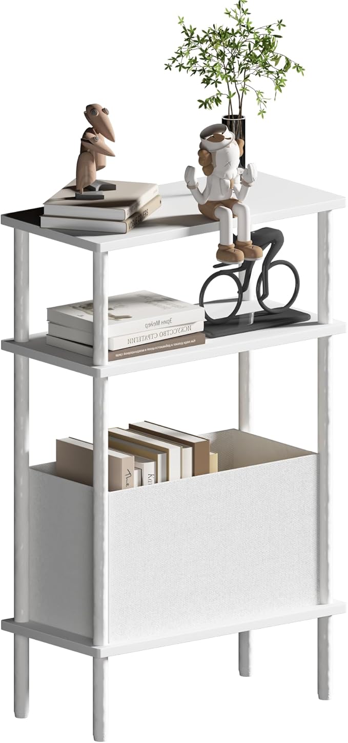 Narrow Side Table with Fabric Basket, End Table for Small Spaces, Slim Nightstand with 3-Tier Storage Shelf, Sofa Beside Table, for Living Room, Bed Room, Natrual White