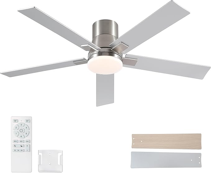 Rayqueen 52 Inch Ceiling Fans with Lights and Remote,Flush Mount Brushed Nickel Ceiling Fan,6 Speed Reversible DC Motor,3CCT Dimmable LED-Low Profile Design for Bedroom, Living room & Covered Outdoor