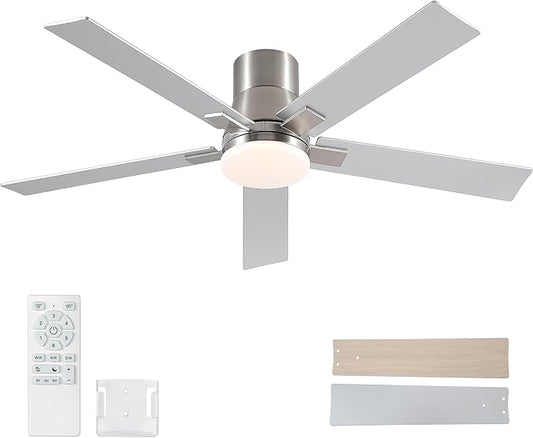 Rayqueen 52 Inch Ceiling Fans with Lights and Remote,Flush Mount Brushed Nickel Ceiling Fan,6 Speed Reversible DC Motor,3CCT Dimmable LED-Low Profile Design for Bedroom, Living room & Covered Outdoor