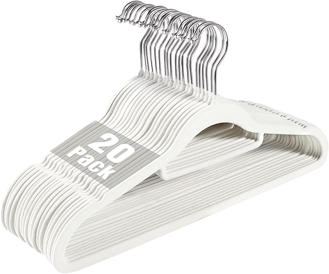 Velvet Clothing Hangers Non-Slip White Suit Hanger Space Saving Clothes Hanger Heavy Duty Adult Hanger Hangers with 360°Swivel Hook 20 Pack