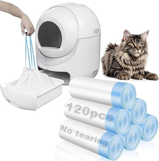 120 Pack Cat Litter Bags with Drawstring, Compatible with Litter Robot 3 & 4, Self Cleaning Cat Litter Box Liners, 10-12 Gallons