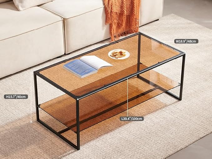 Shrine Brown Glass Coffee Table, Modern Design, Dual-Layer Coffee Table for Living Room, Black Metal Frame, Brown Glass Top