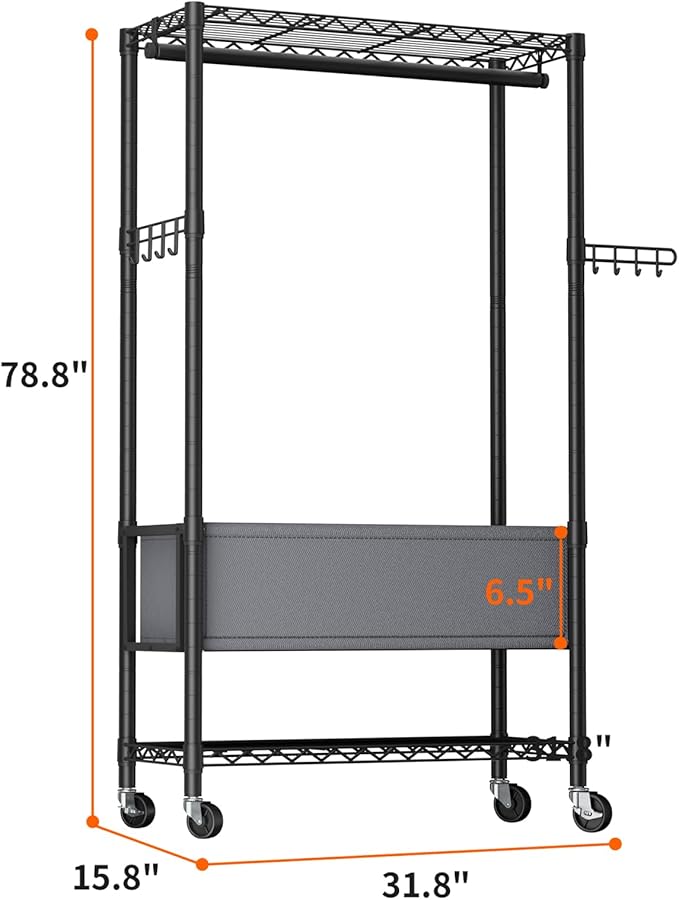 Clothes Rack,Heavy Duty Garment Rack 3 Tier Adjustable With Removable Clothe Basket,Wheels Free Standing Rolling Wire Shelving Clothing Racks for Hanging Clothes Metal Portable Closet