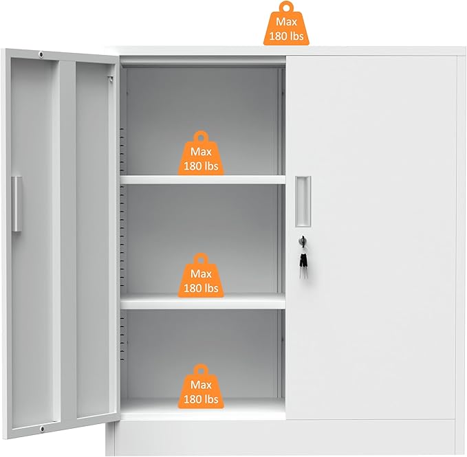 Metal Storage Cabinet with Locking Doors and 2 Adjustable Shelves, Small Lockable Steel Storage Cabinets for Home Office Garage Kitchen Pantry (White)