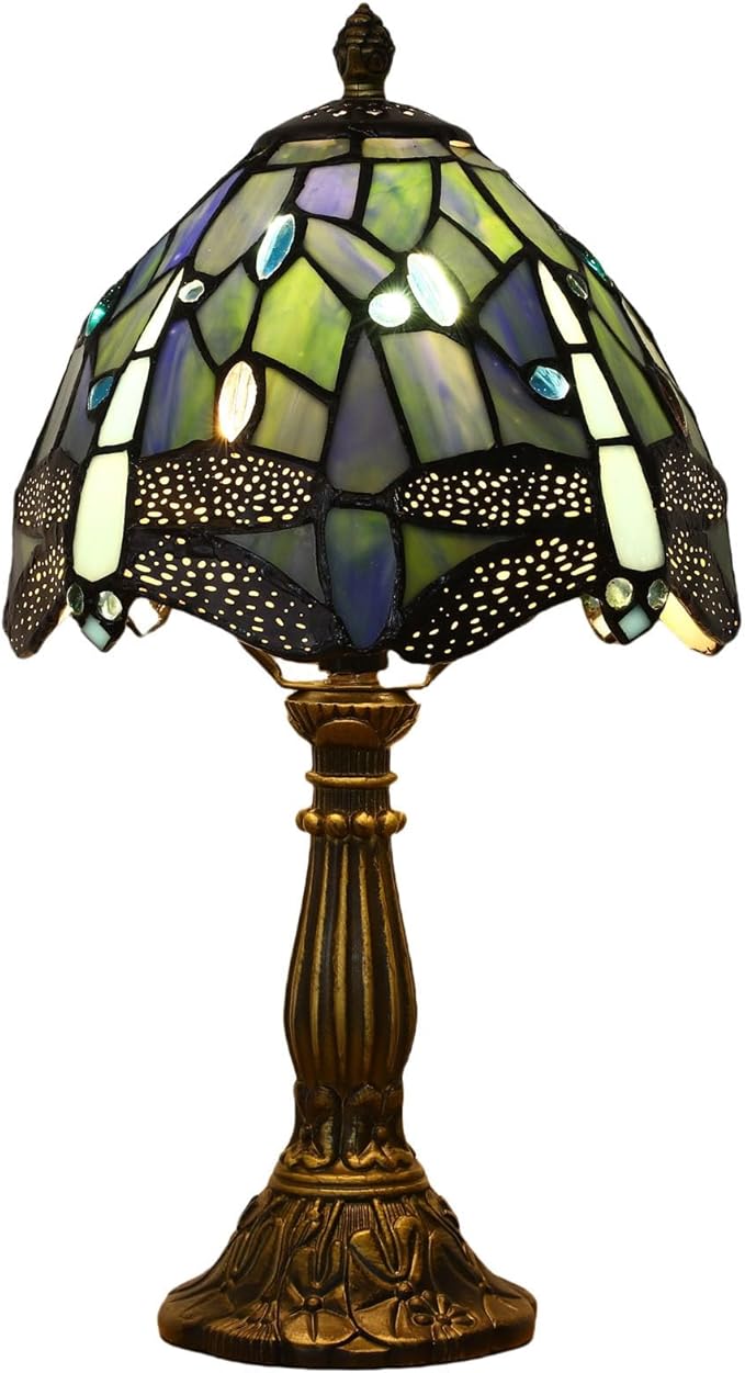 Tiffany Small Table Lamp,Blue Dragonfly Stained Glass 3 Color Temperature Antique Table Lamps,Bedside Nightstand Lamp for Bedroom,Living Room,Home Office+LED Bulb,8X8X15Inch