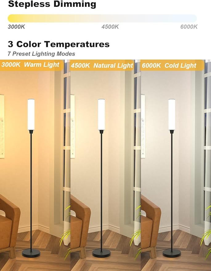 Floor Lamps for Living Room, Upgrade Moder Floor Lamp with Remote Control, Full Range Dimming Minimalist Standing Lamp Perfect for Living Room, Bedrooms and Office (Black)