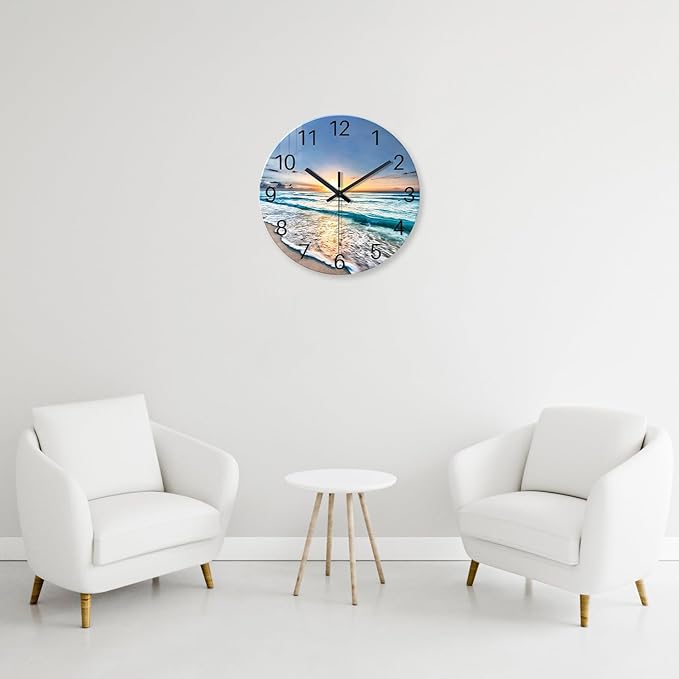 Blue Beach Wall Clock for Bedroom Glass Wall Clocks Battery Operated 12 Inch Analog Wall Clock Silent