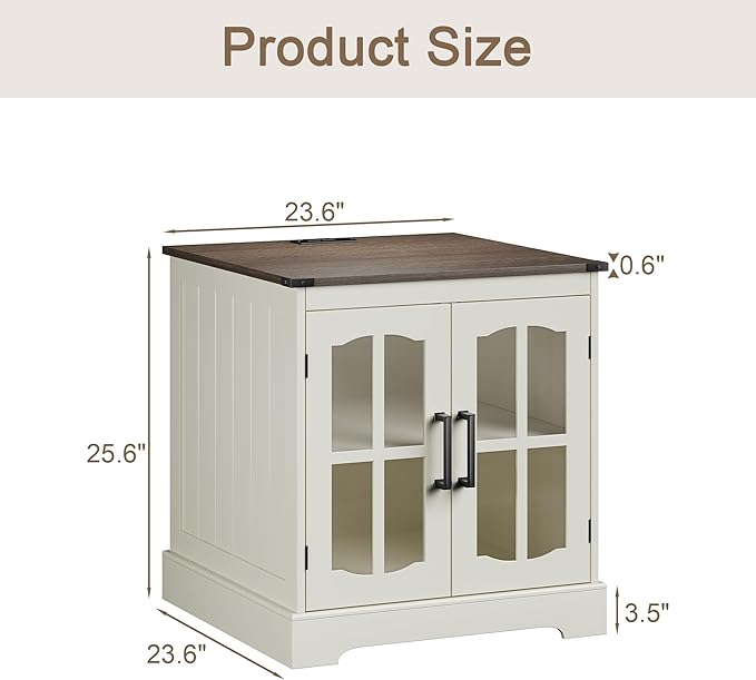 ChooChoo Farmhouse End Table with Charging Station, 24" Large Sofa Side Table with LED, Square Nightstand with Glass Barn Door, Bedside Table with Storage for Living Room, Beige（Cream and Brown