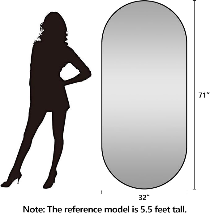 Oval Full Length Mirror, 71"×32" Wall-Mounted Floor Mirror with Metal Frame, Ultra-Clear Explosion-Proof Dressing Mirror, Simple and Classic Deco for Cloakroom/Bedroom/Living Room, Black