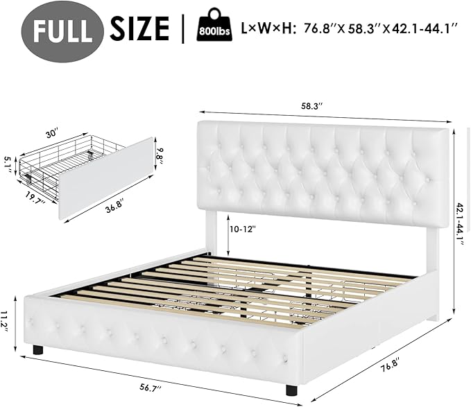 Keyluv Modern Upholstered Bed Frame with 4 Drawers, Button Tufted Headboard Design, Solid Wooden Slat Support, Easy Assembly, Full Size, White