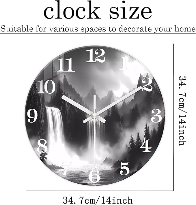 XNM 14 Inch Waterfall Wall Clock for Living Room Analog Natural Landscape Black and White Glass Wall Clocks Battery Operated Round Wall Clock Silent