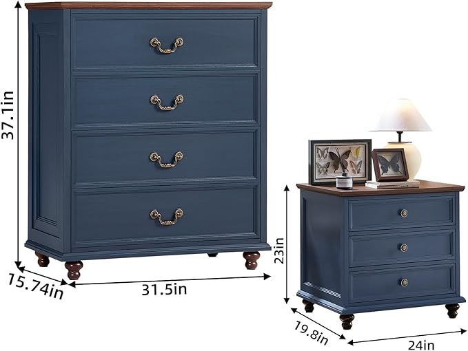 24" Wide Farmhouse Nightstand Set of 2, 54" 7 Drawers Dresser, 37" Tall Rustic Chests of Drawers, Farmhouse Furniture Series for Bedroom,DarkBlue