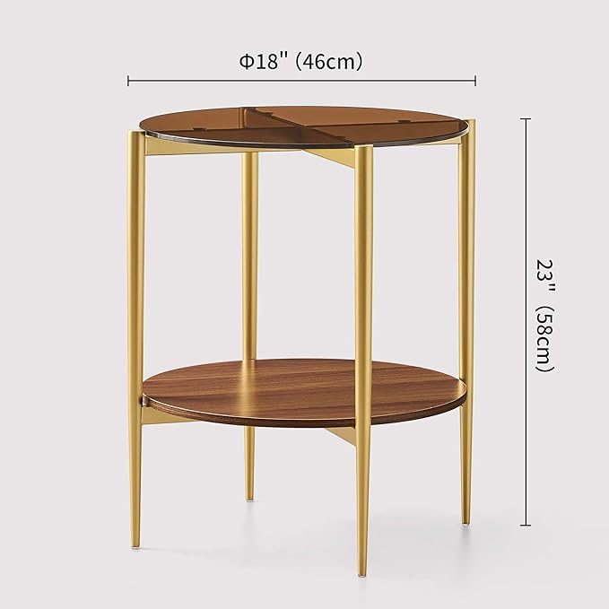 Round Glass End Table, Mid-Century Modern Design Sofa Table for Living Room, D18 x H23, 2-Tier Structure, Amber Glass Top and Walnut Shelf, Sleek Conical Legs with Gold Finish Frame