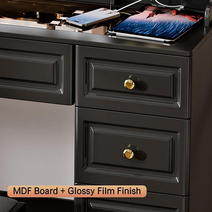 43" Makeup Vanity Desk with Mirror and Lights, & Power Outl, Glass Top Big Vanity Table with 9 Drawers& 8 Storage Shelves, Dressing Table Set with Chair for Bedroom, Black