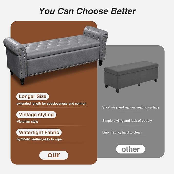 65 Inch Bedroom Bench, End of Bed Bench with Storage, Bed Benches for Foot of Bed, Faux Leather Window Bench with Tufted Button and Nailhead Trim, Upholstered Storage Bench with Rolled Arms, Gray