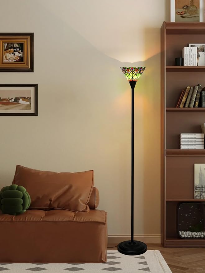 Tiffany Torchiere Floor Lamp Green Peacock Tail Style Stained Glass Floor Light Antique Tall Standing Lamp Handcrafted Pole Reading Uplight Lamp for Home Office Living Room