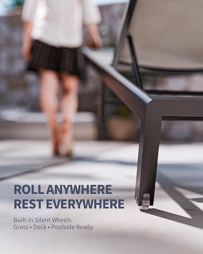 Aluminum Lounge Chairs Outdoor Chaise Furniture,2 Sets Patio Metal Deck Lounger Adjustable 5-Position Poolside Chase Recliner with Wheels for Beach,Coffee Table, (Khaki, 1 Chair)