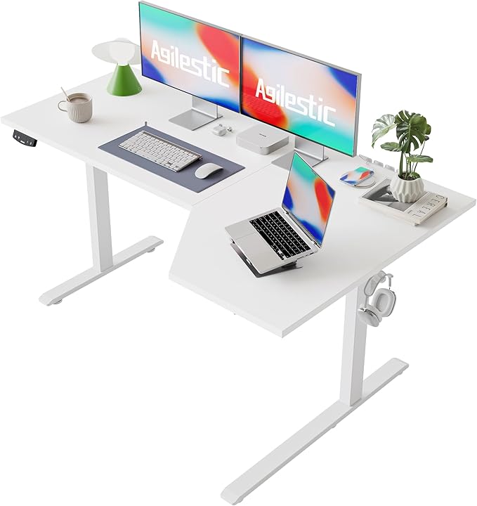 Agilestic Electric Standing Desk, L-Shaped 59 Inches Height Adjustable Desk, Sit and Stand up for Work Office Home, Ergonomic Rising Computer Table for Home Office with Splice Board, White